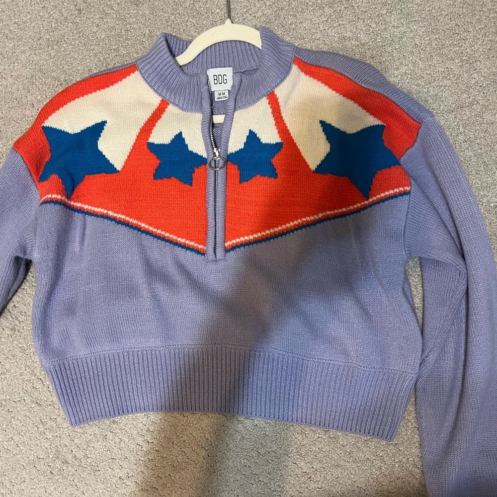 BDG Lavender Half-Zip Star Sweater with Blue Stars and Red Chevron